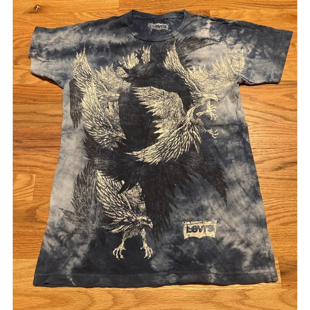 Levis T-Shirt Mens Small Blue Tie-Dye Graphic With Eagle Design 100% Cotton
